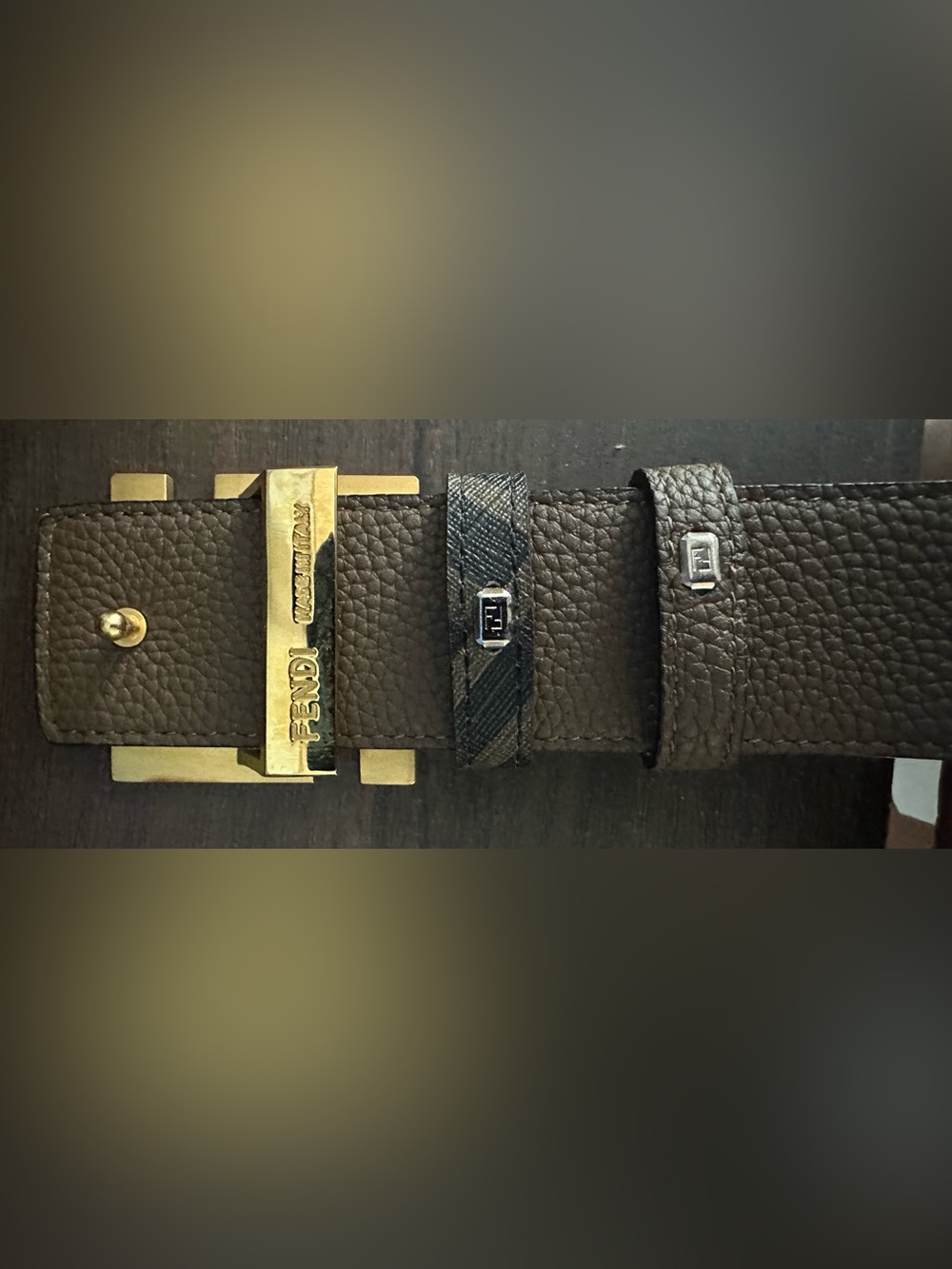Fendi Black Brown FF Logo Canvas Belt with Gold Buckle NWOT - Picture 2 of 2